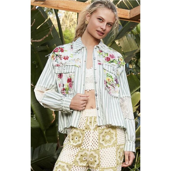 POL Striped Floral Lace Patchwork Boho Shacket Shirt Hobo Shabby Chic - Size L - Picture 1 of 16